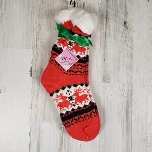 NWT Mari Clare Sherpa Lined Knit Winter Reindeer Design No-Slip Slipper Socks